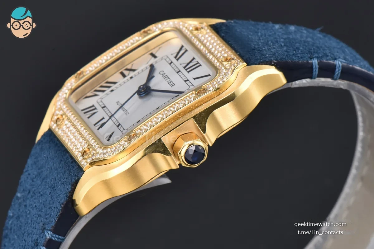 Santos de Cartier Medium 35mm YG AF White Dial Diamond Bezel Blue Leather Strap MIYOTA 9015