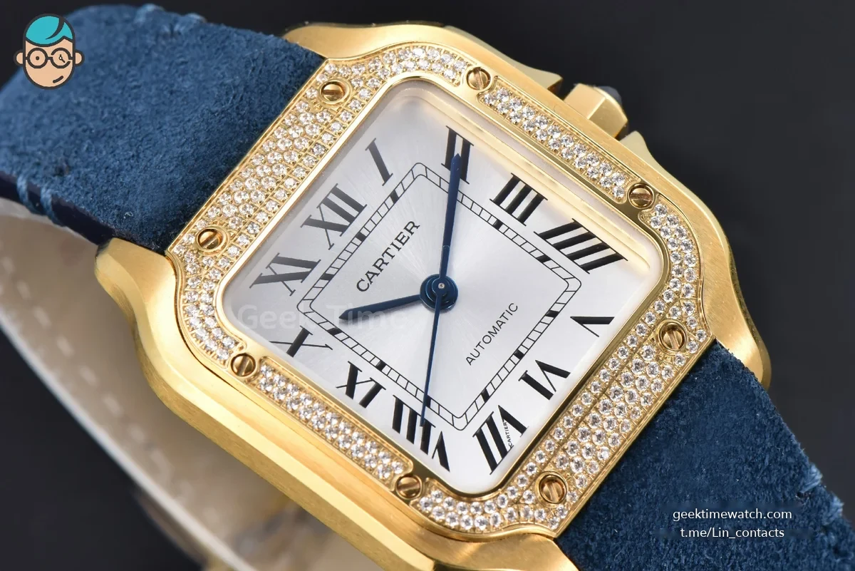 Santos de Cartier Medium 35mm YG AF White Dial Diamond Bezel Blue Leather Strap MIYOTA 9015