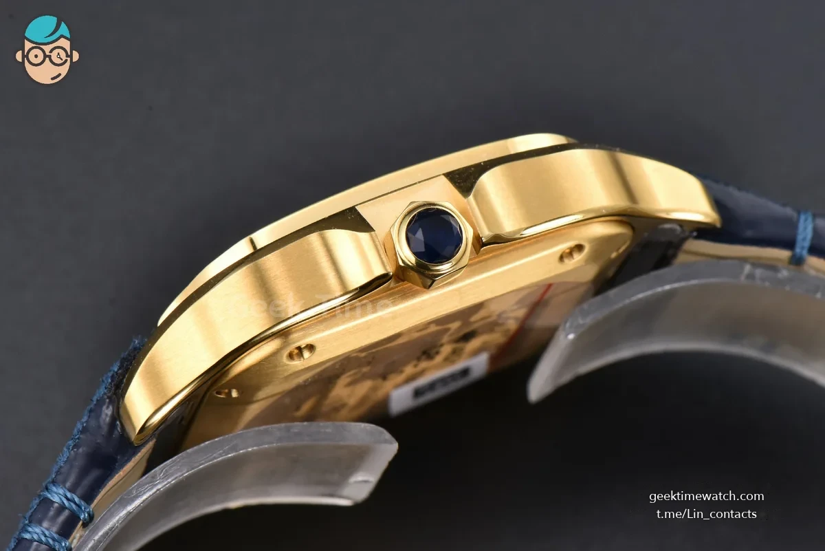 Santos de Cartier Medium 35mm YG AF White Dial Diamond Bezel Blue Leather Strap MIYOTA 9015
