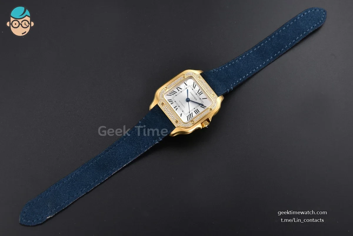 Santos de Cartier Medium 35mm YG AF White Dial Diamond Bezel Blue Leather Strap MIYOTA 9015