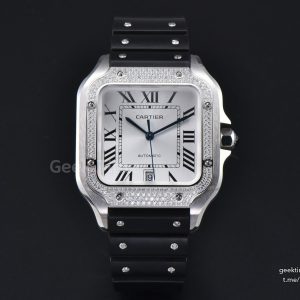 Santos de Cartier XL 40mm AF SS White Dial Diamond Bezel Black Rubber Strap MIYOTA 9015