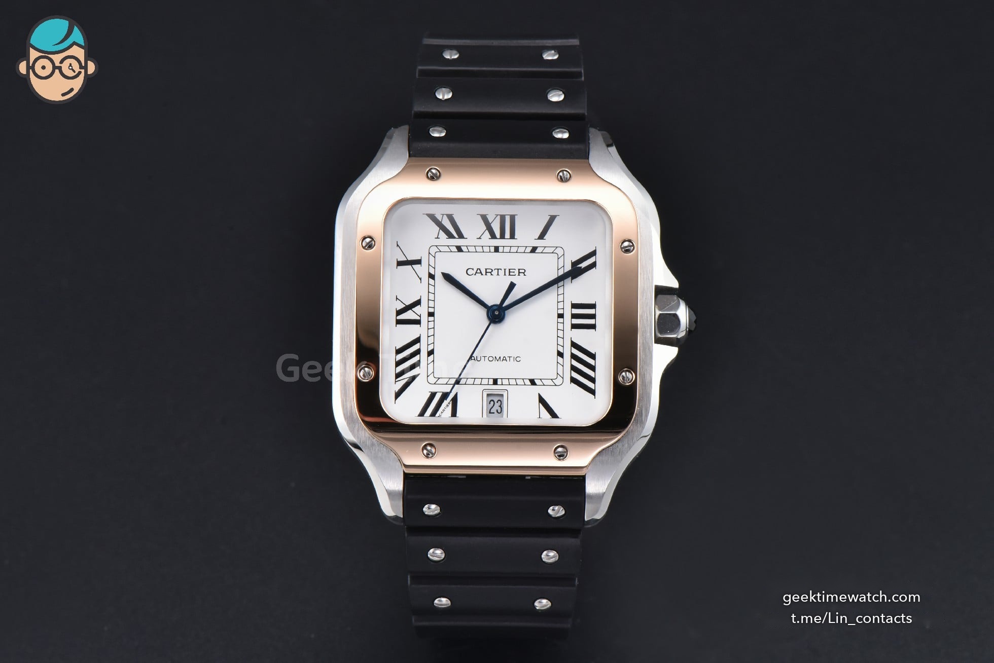 Santos de Cartier XL 40mm AF SS White Dial RG Bezel Black Rubber Strap MIYOTA 9015