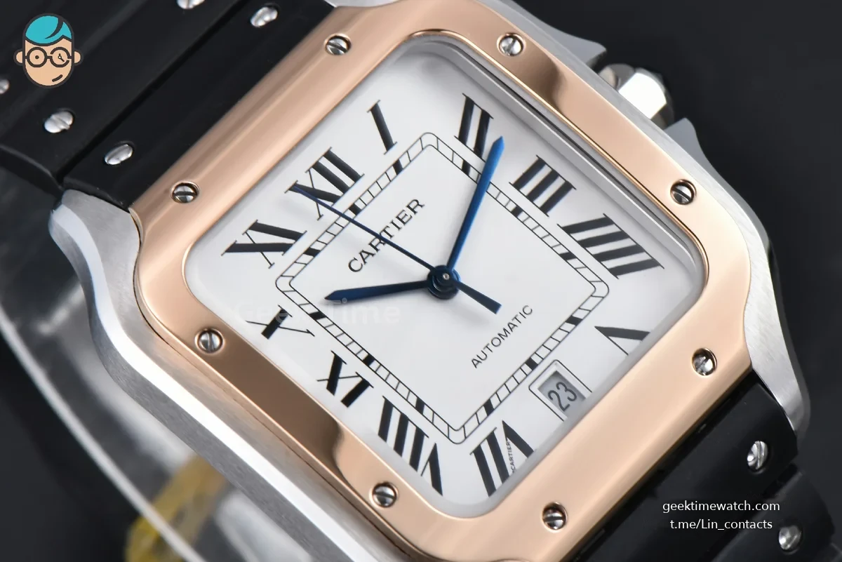 Santos de Cartier XL 40mm AF SS White Dial RG Bezel Black Rubber Strap MIYOTA 9015