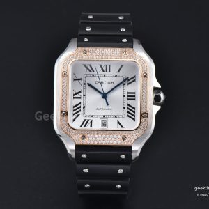 Santos de Cartier XL 40mm AF SS White Dial RG Diamond Bezel Black Rubber Strap MIYOTA 9015