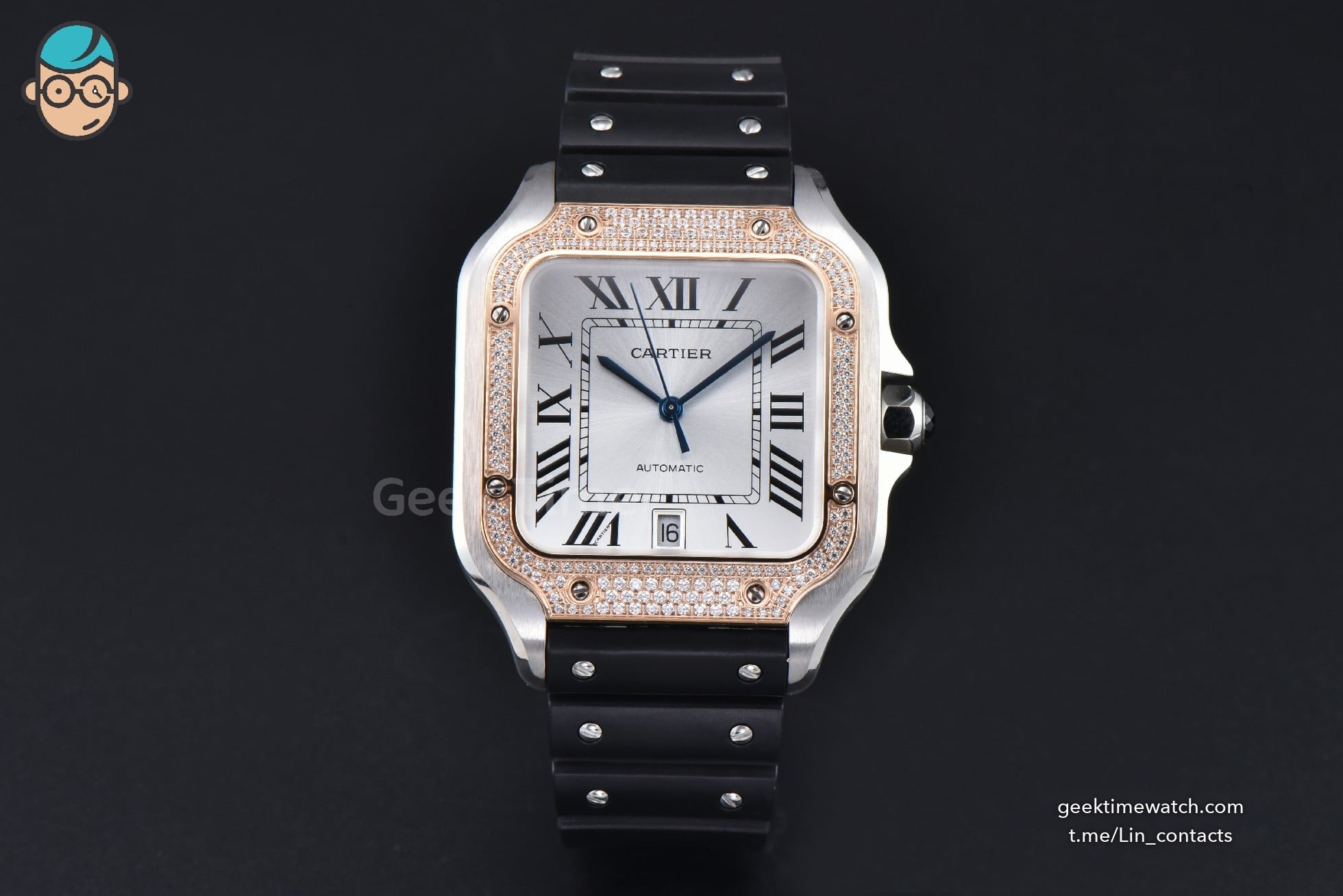 Santos de Cartier XL 40mm AF SS White Dial RG Diamond Bezel Black Rubber Strap MIYOTA 9015