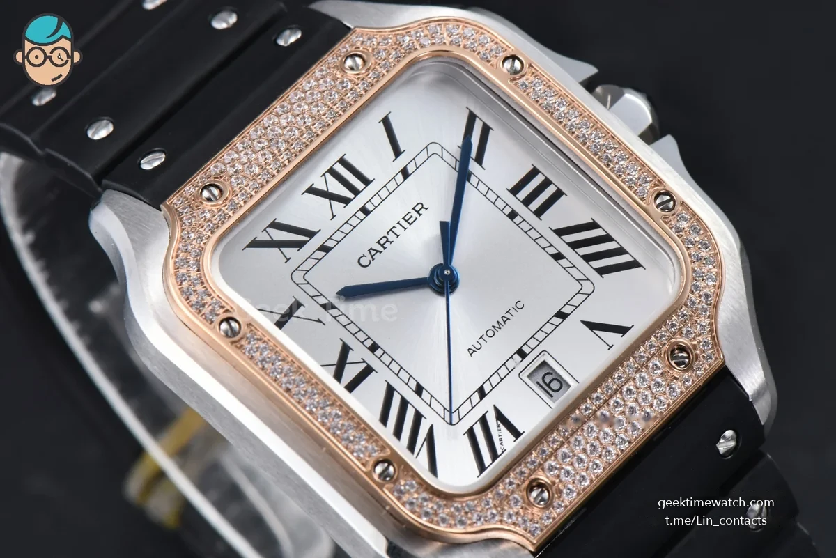 Santos de Cartier XL 40mm AF SS White Dial RG Diamond Bezel Black Rubber Strap MIYOTA 9015