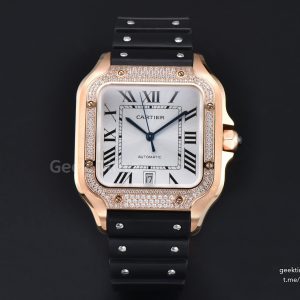 Santos de Cartier XL 40mm RG AF White Dial Diamond Bezel Black Rubber Strap MIYOTA 9015