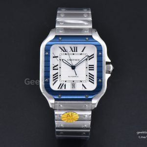 Santos de Cartier XL 40mm SS AF White Dial Blue Bezel SS Bracelet MIYOTA 9015