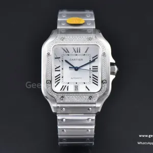 Santos de Cartier XL 40mm SS AF White Dial Diamond Bezel SS Bracelet MIYOTA 9015