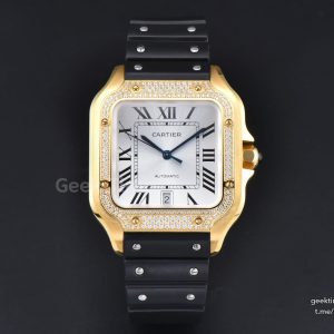 Santos de Cartier XL 40mm YG AF White Dial YG Diamond Bezel Black Rubber Strap MIYOTA 9015