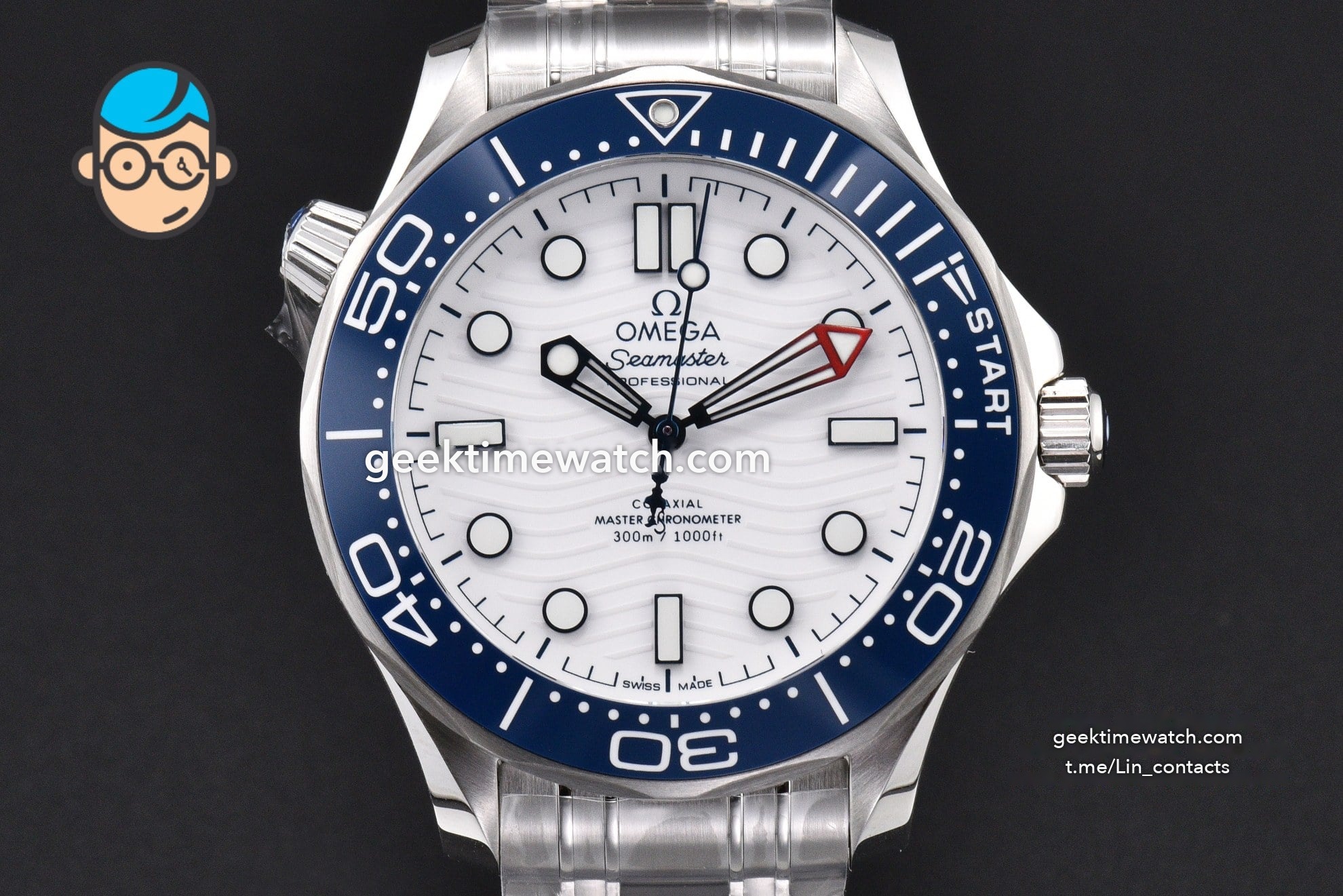 SeaMaster 300M VSF White Dial Blue Bezel Steel bracelet VS8800 clone movment(with free rubber strap )