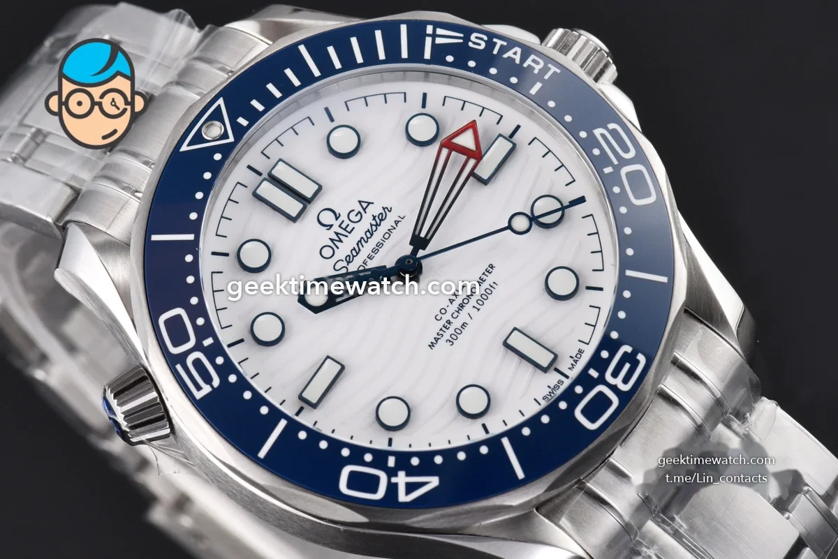 SeaMaster 300M VSF White Dial Blue Bezel Steel bracelet VS8800 clone movment(with free rubber strap )