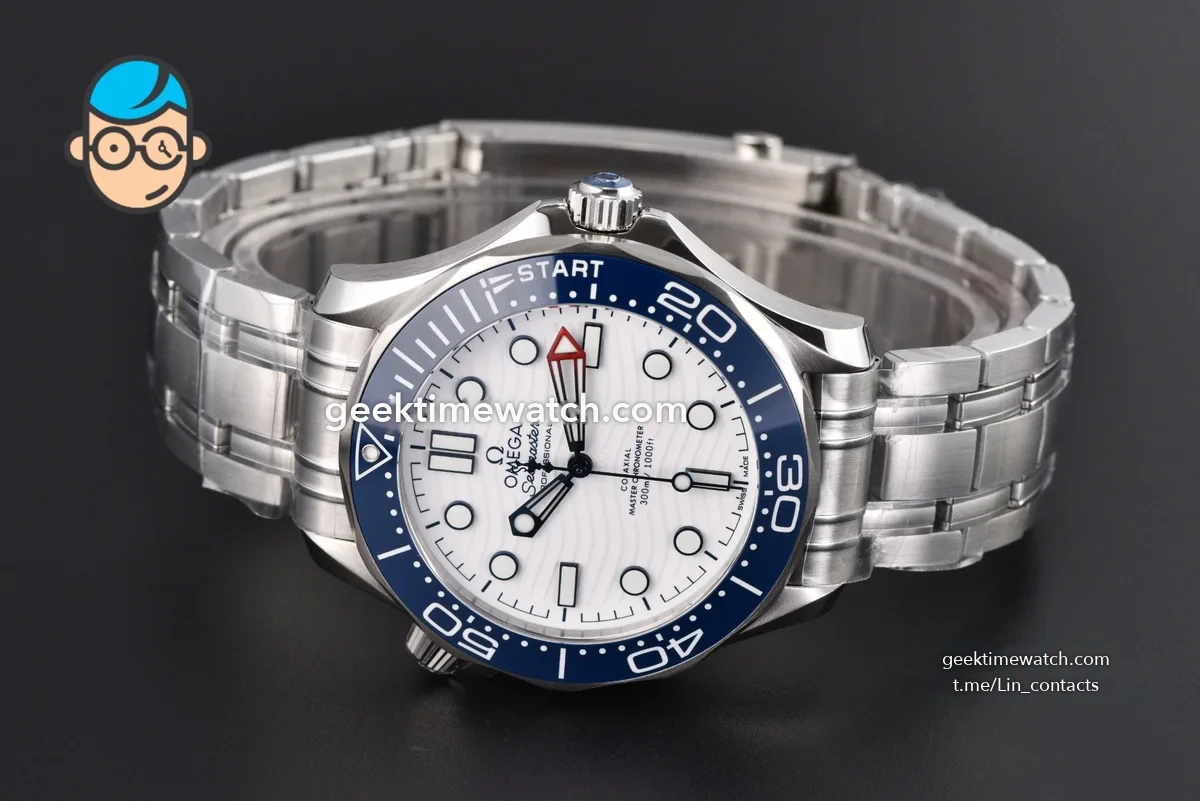 SeaMaster 300M VSF White Dial Blue Bezel Steel bracelet VS8800 clone movment(with free rubber strap )
