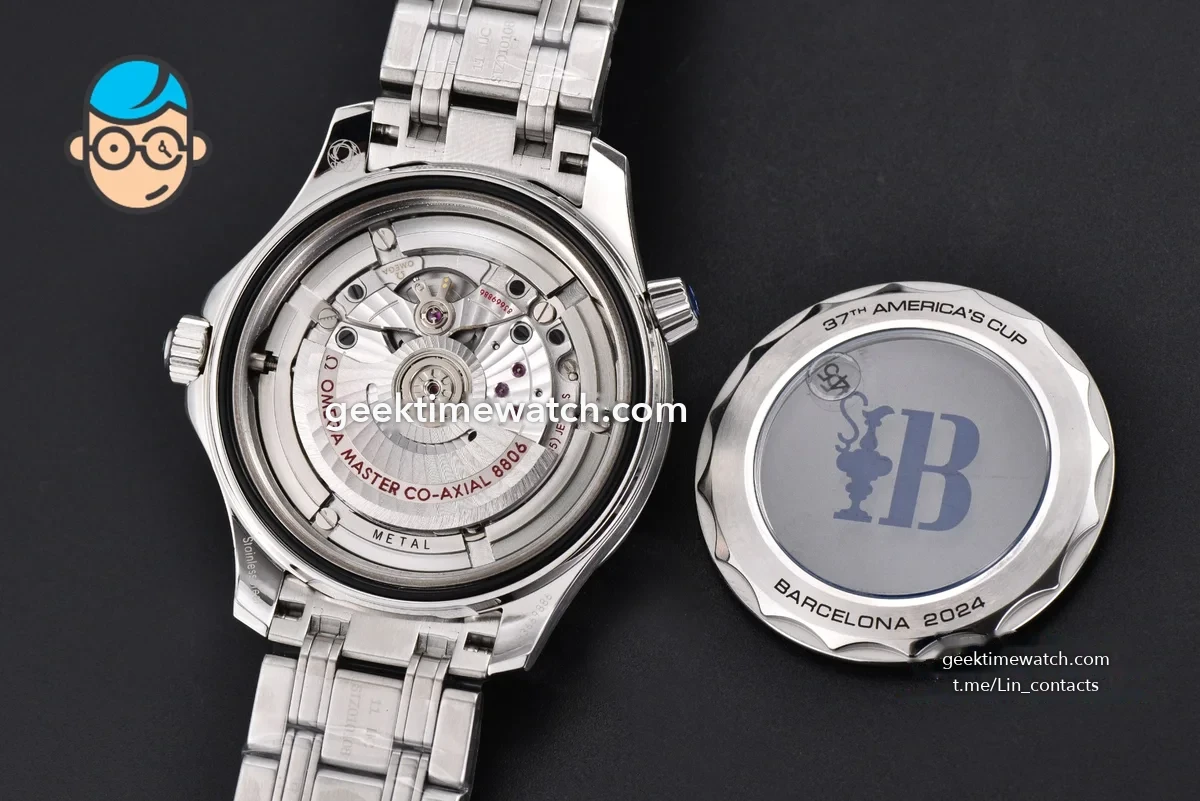 SeaMaster 300M VSF White Dial Blue Bezel Steel bracelet VS8800 clone movment(with free rubber strap )