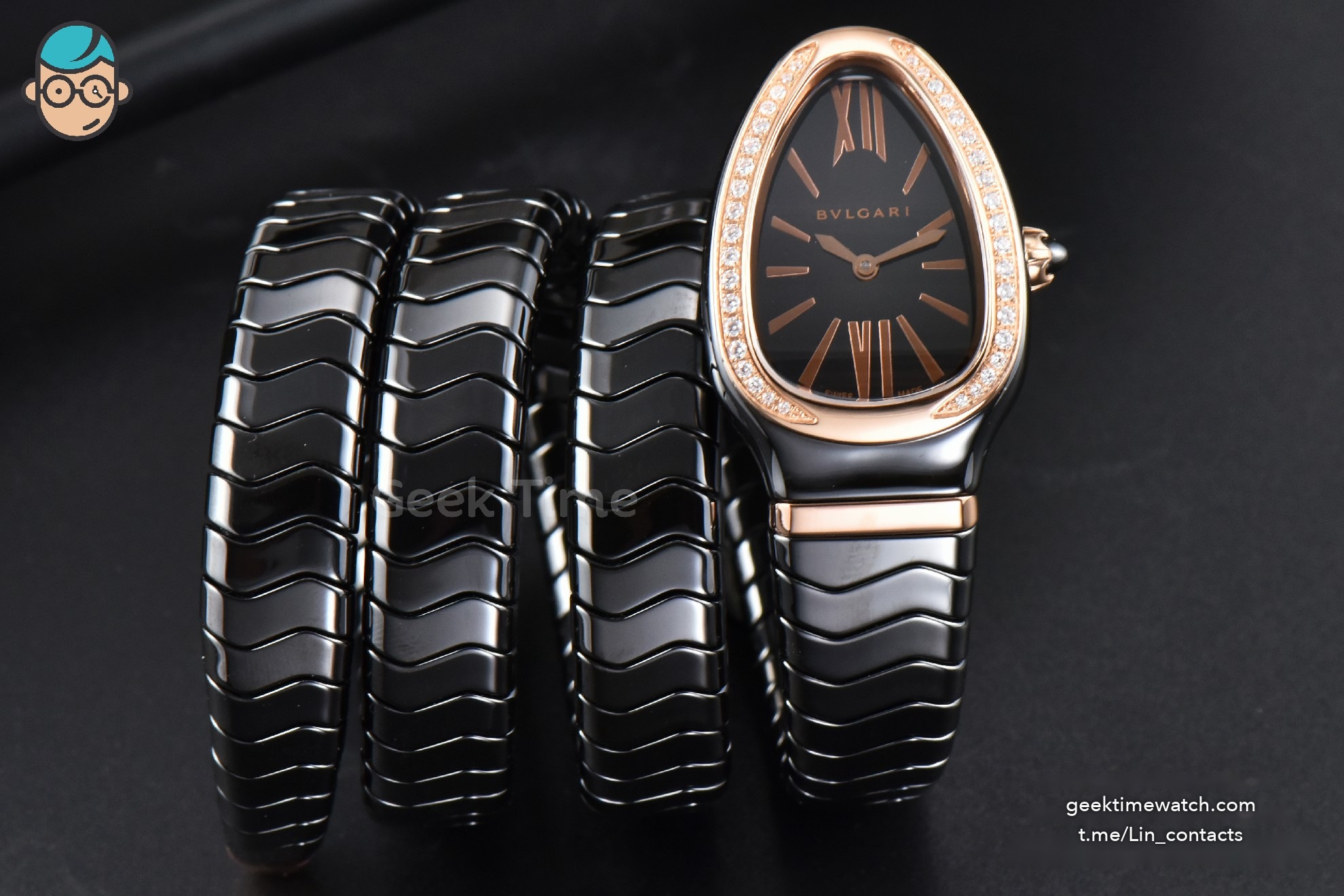 Serpenti Spiga RG 35MM BVF Polycyclic Black Ceramic Black Dial Diamond Bezel Quartz