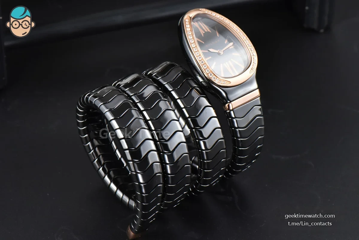 Serpenti Spiga RG 35MM BVF Polycyclic Black Ceramic Black Dial Diamond Bezel Quartz