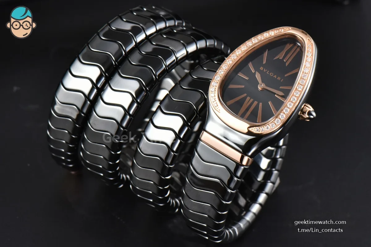 Serpenti Spiga RG 35MM BVF Polycyclic Black Ceramic Black Dial Diamond Bezel Quartz