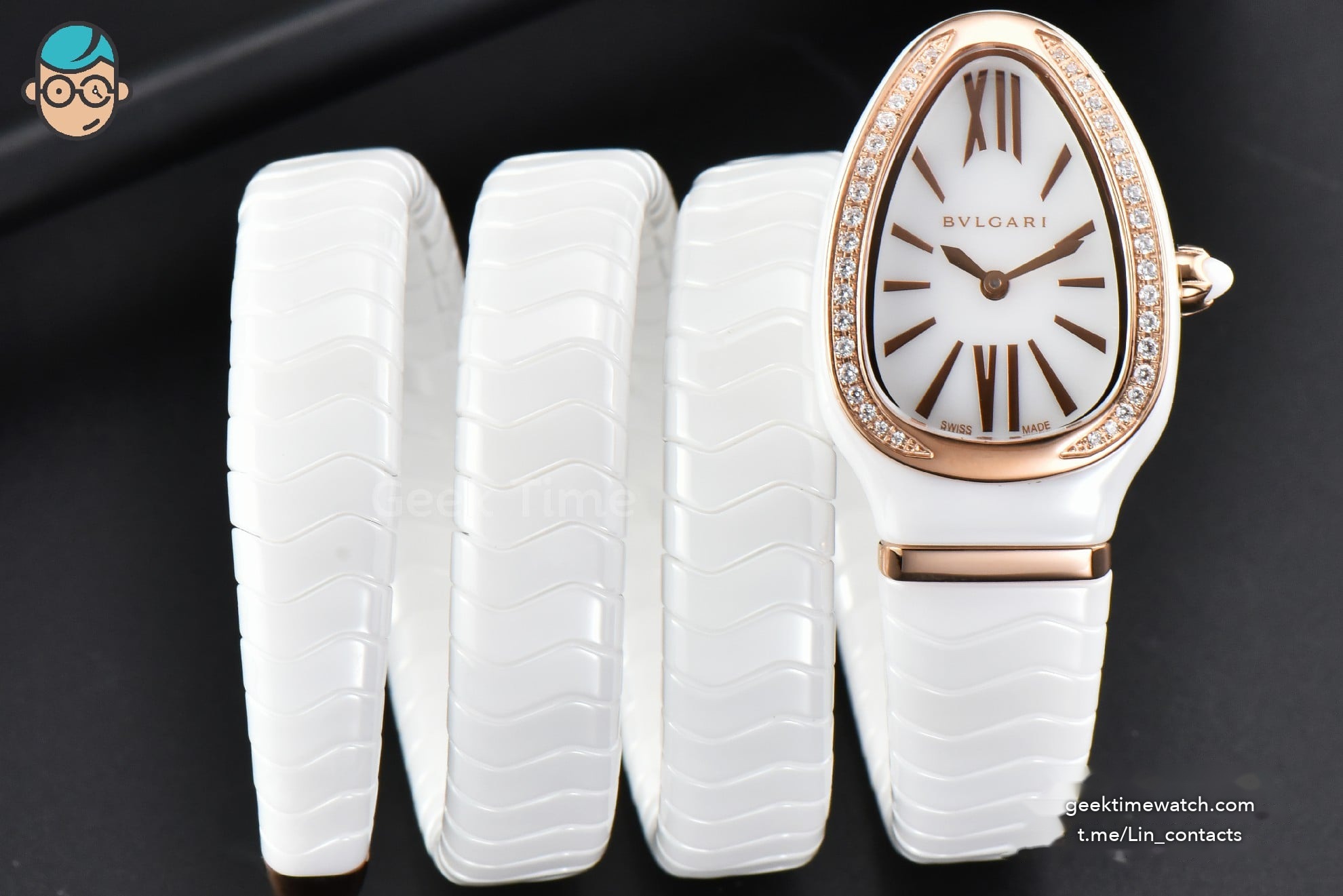 Serpenti Spiga RG 35MM BVF Polycyclic White Ceramic White Dial Diamond Bezel Quartz