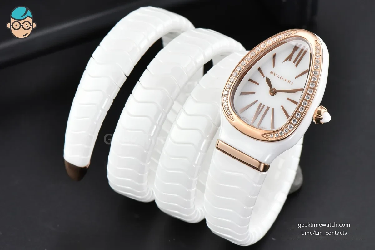 Serpenti Spiga RG 35MM BVF Polycyclic White Ceramic White Dial Diamond Bezel Quartz