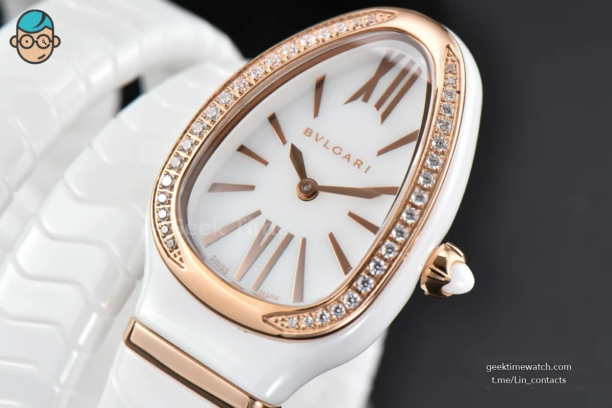 Serpenti Spiga RG 35MM BVF Polycyclic White Ceramic White Dial Diamond Bezel Quartz