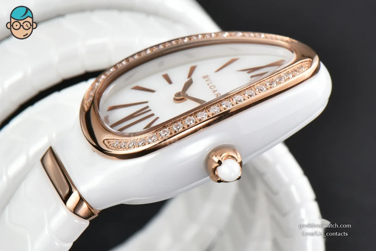 Serpenti Spiga RG 35MM BVF Polycyclic White Ceramic White Dial Diamond Bezel Quartz
