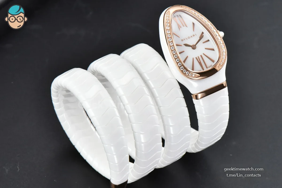 Serpenti Spiga RG 35MM BVF Polycyclic White Ceramic White Dial Diamond Bezel Quartz