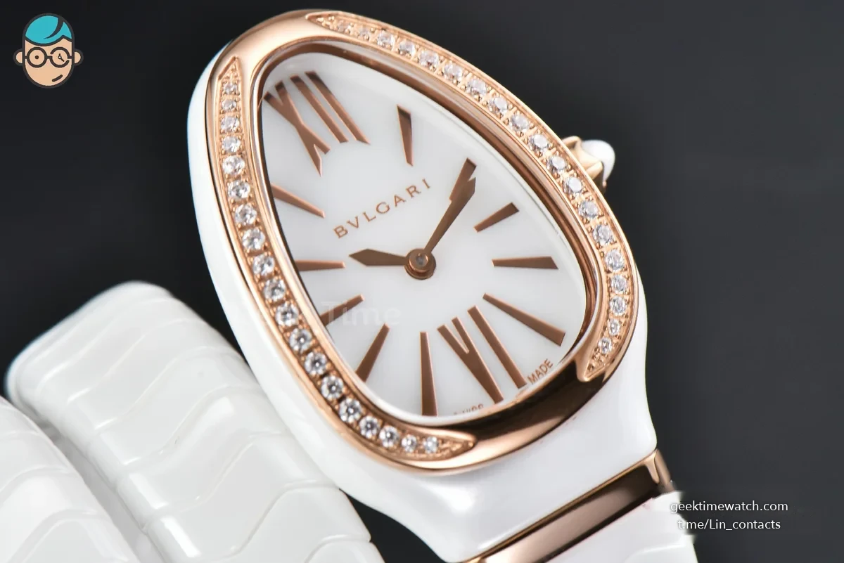 Serpenti Spiga RG 35MM BVF Polycyclic White Ceramic White Dial Diamond Bezel Quartz