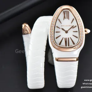 Serpenti Spiga RG 35MM BVF White Ceramic White Dial Diamond Bezel Quartz
