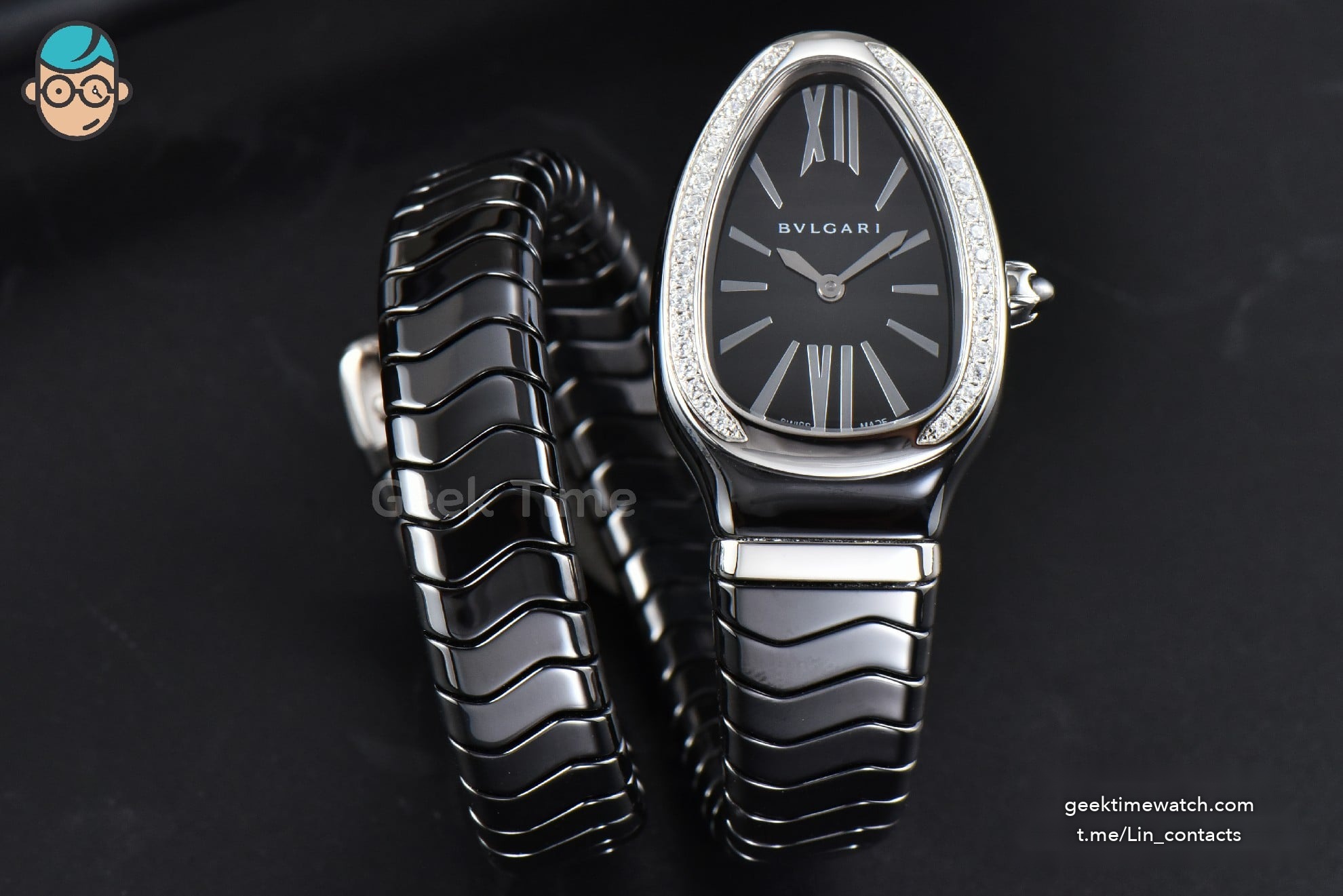 Serpenti Spiga SS 35MM BVF Black Ceramic Black Dial Diamond Bezel Quartz