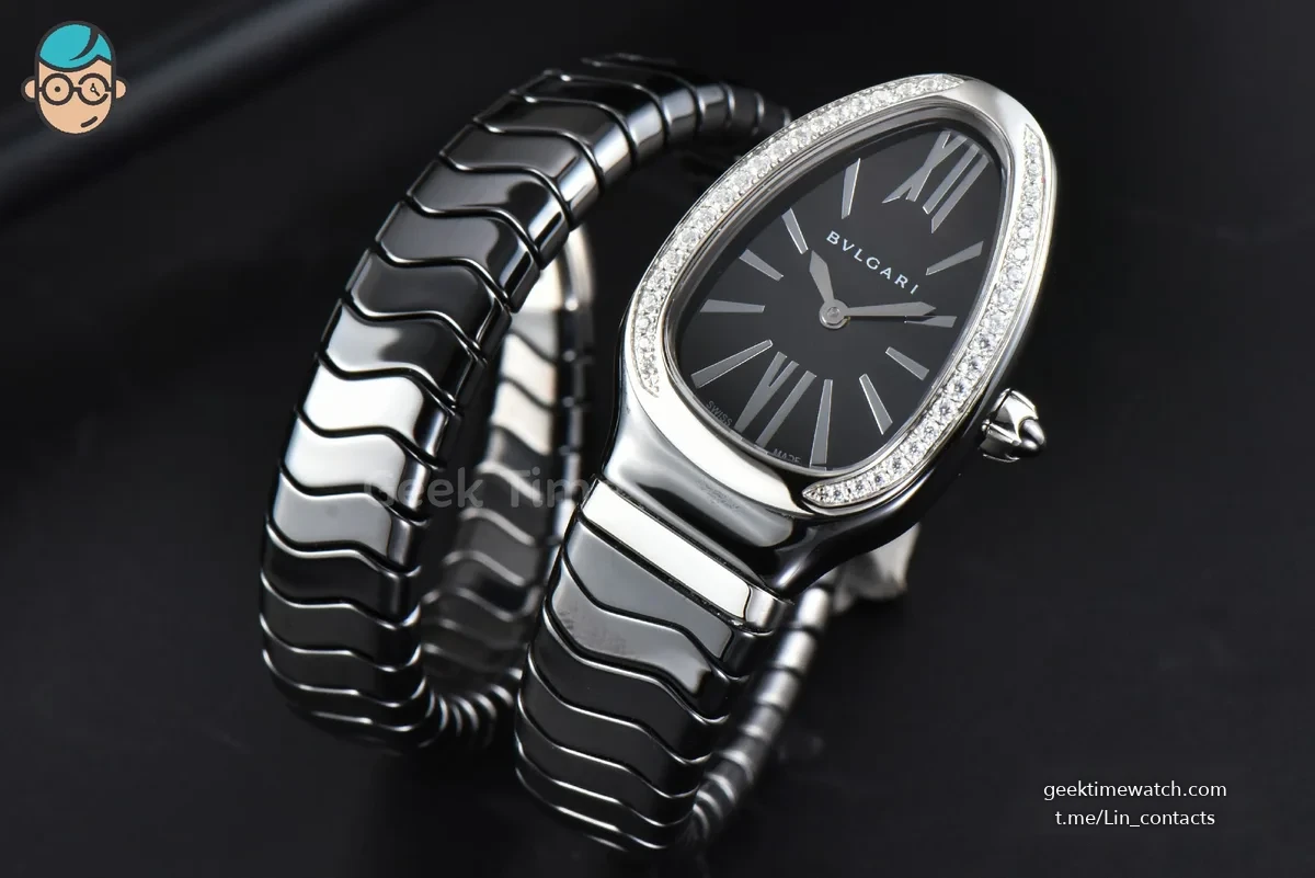 Serpenti Spiga SS 35MM BVF Black Ceramic Black Dial Diamond Bezel Quartz
