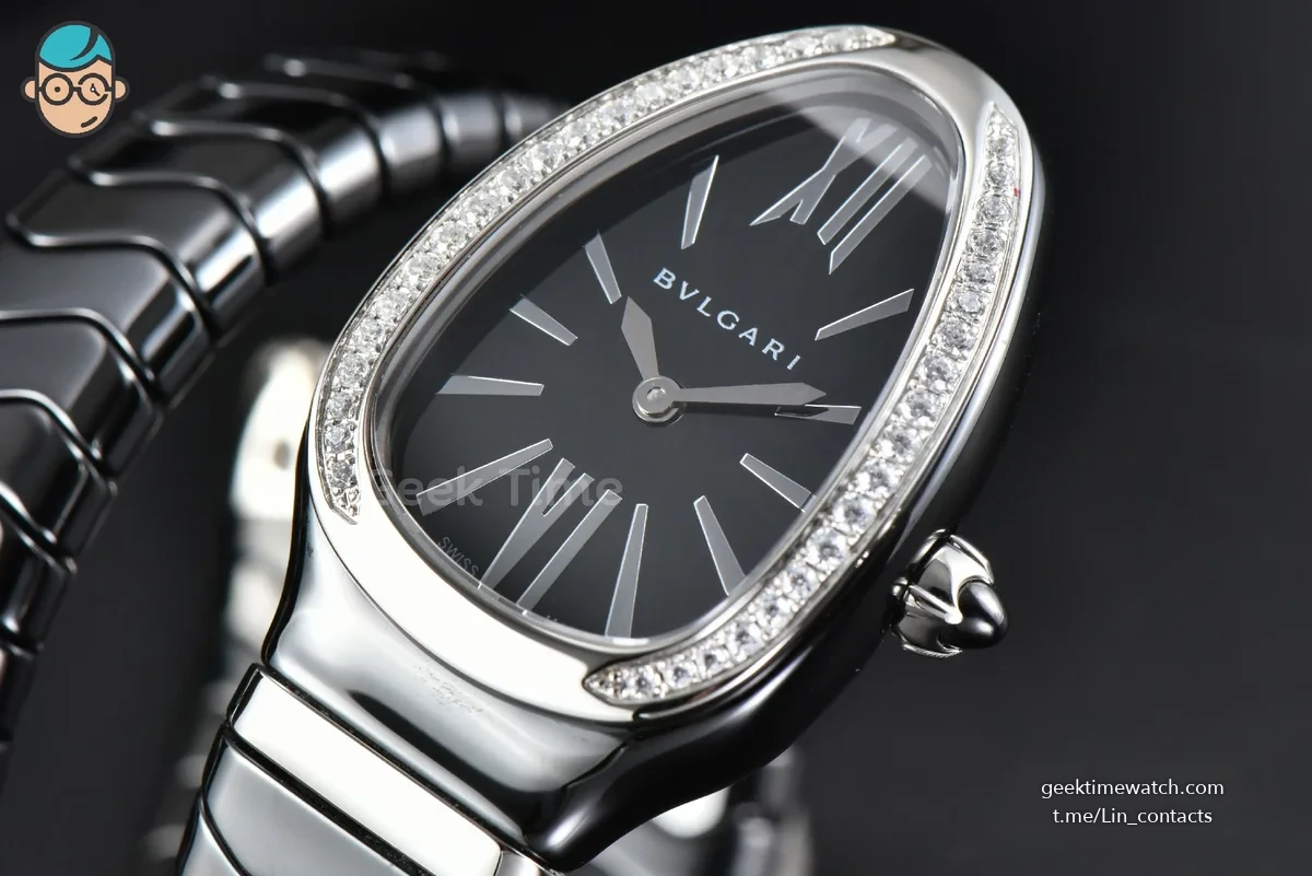 Serpenti Spiga SS 35MM BVF Black Ceramic Black Dial Diamond Bezel Quartz