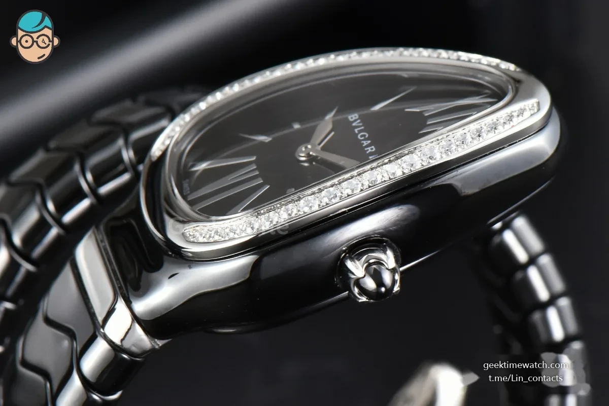 Serpenti Spiga SS 35MM BVF Black Ceramic Black Dial Diamond Bezel Quartz