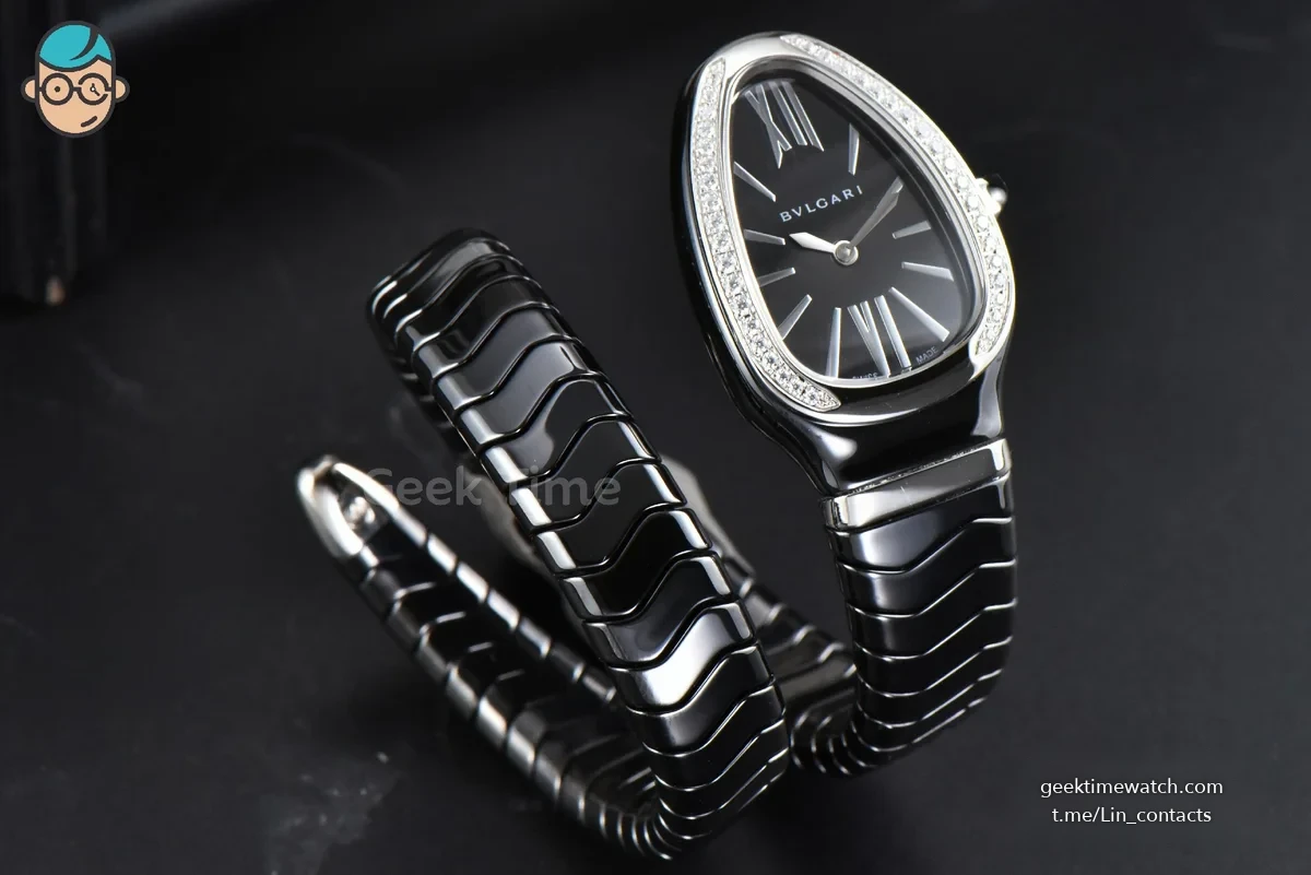 Serpenti Spiga SS 35MM BVF Black Ceramic Black Dial Diamond Bezel Quartz