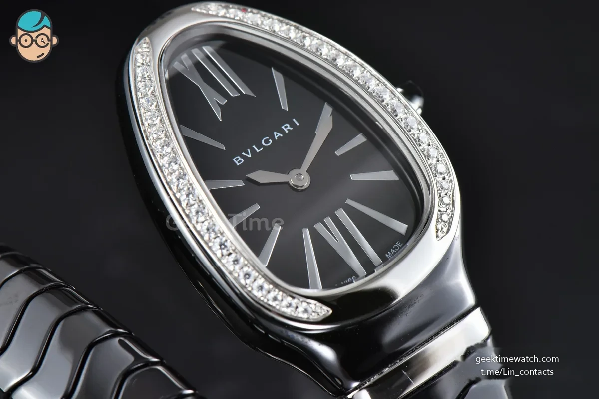 Serpenti Spiga SS 35MM BVF Black Ceramic Black Dial Diamond Bezel Quartz