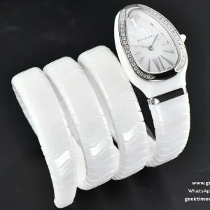 Serpenti Spiga SS 35MM BVF Polycyclic White Ceramic White Dial Diamond Bezel Quartz