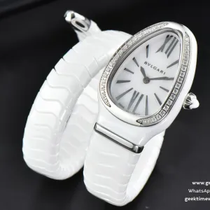 Serpenti Spiga SS 35MM BVF White Ceramic White Dial Diamond Bezel Quartz