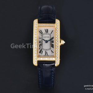 Tank Américaine Small 35.8mmx19mm YG 8848F Diamond Bezel Dark Blue Leather Strap Quartz