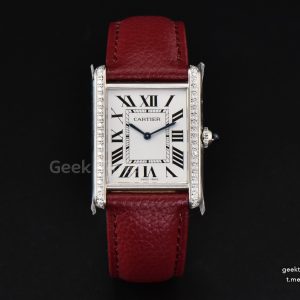 Tank Must Large 33.7×25.5mm Diamond K11F White Dial Red Litchi Grained Strap Quartz