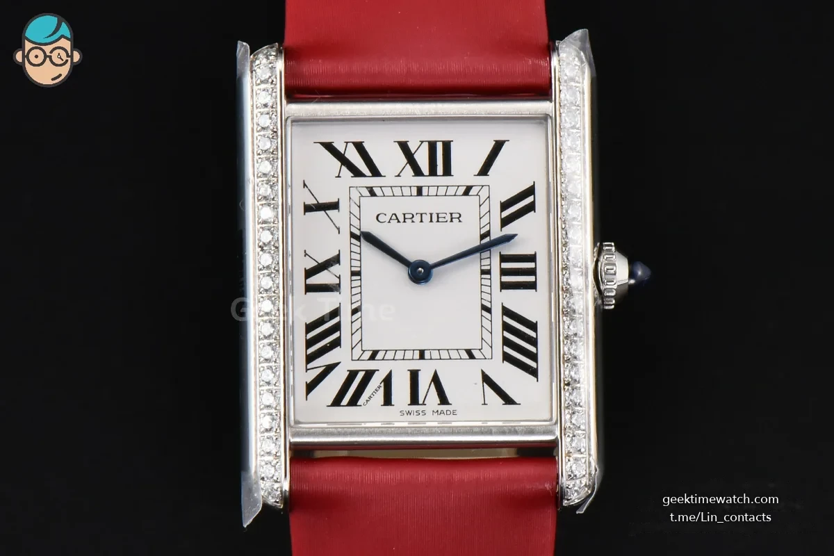 Tank Must Large 33.7×25.5mm Diamond K11F White Dial Red Smooth Calf Strap Quartz