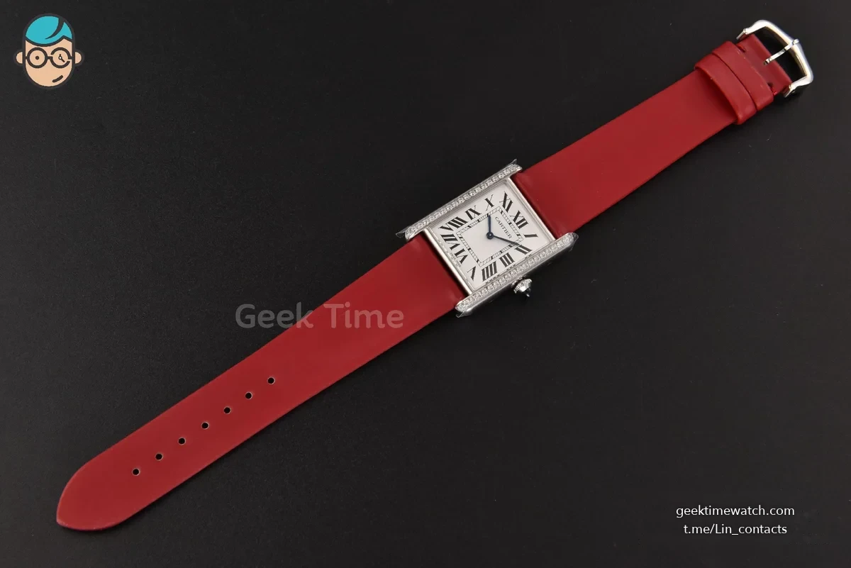 Tank Must Large 33.7×25.5mm Diamond K11F White Dial Red Smooth Calf Strap Quartz