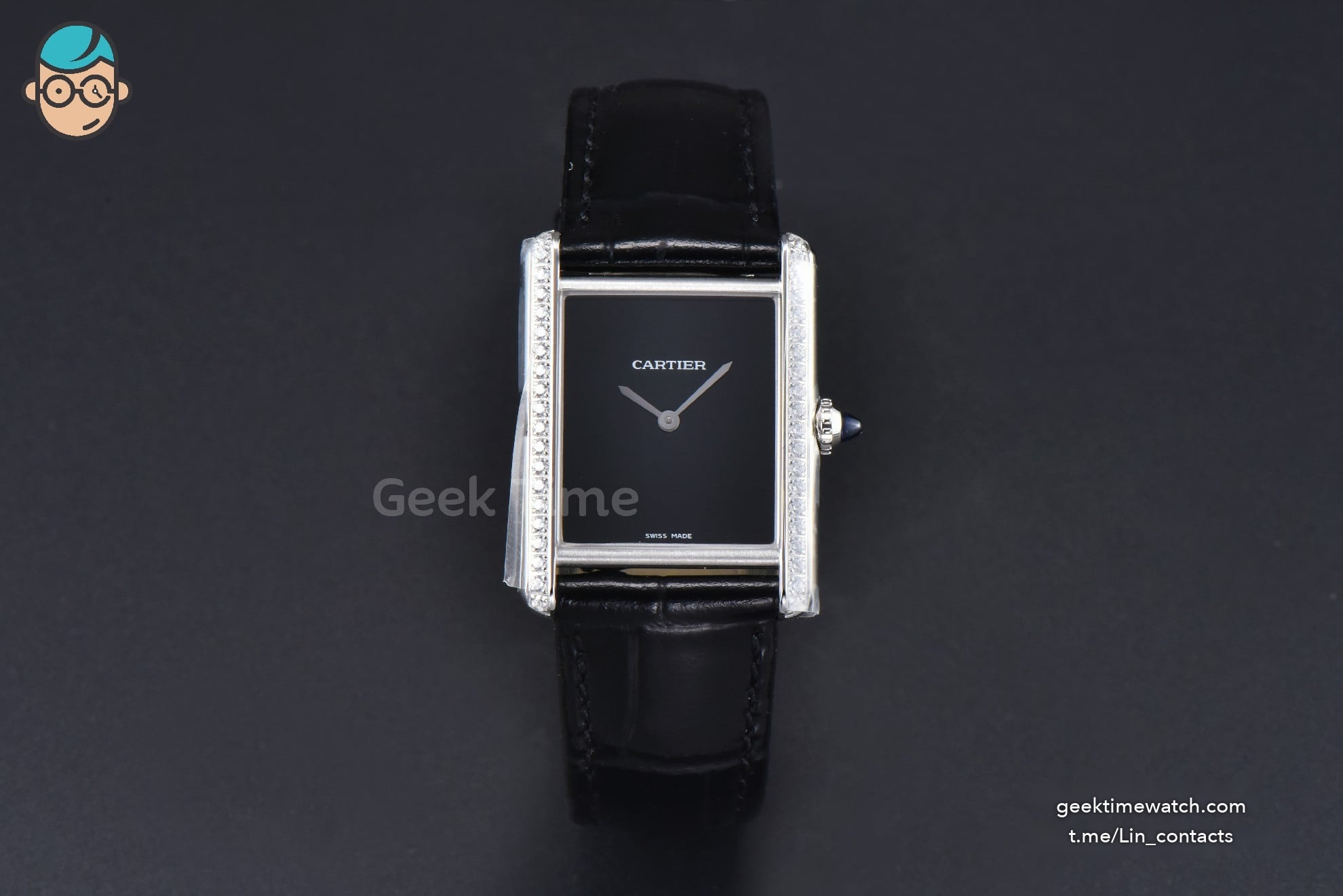 Tank Must Large 33.7×25.5mm K11F Diamond Bezel Black Dial Black Leather Strap Quartz