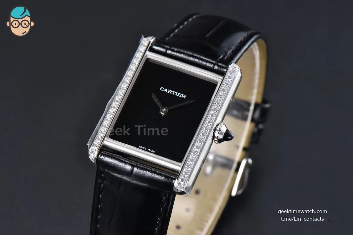 Tank Must Large 33.7×25.5mm K11F Diamond Bezel Black Dial Black Leather Strap Quartz