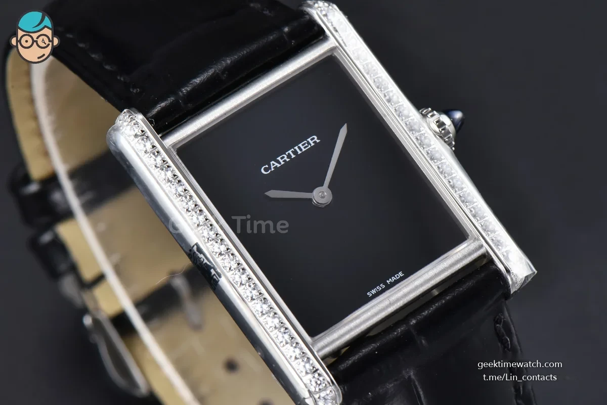 Tank Must Large 33.7×25.5mm K11F Diamond Bezel Black Dial Black Leather Strap Quartz