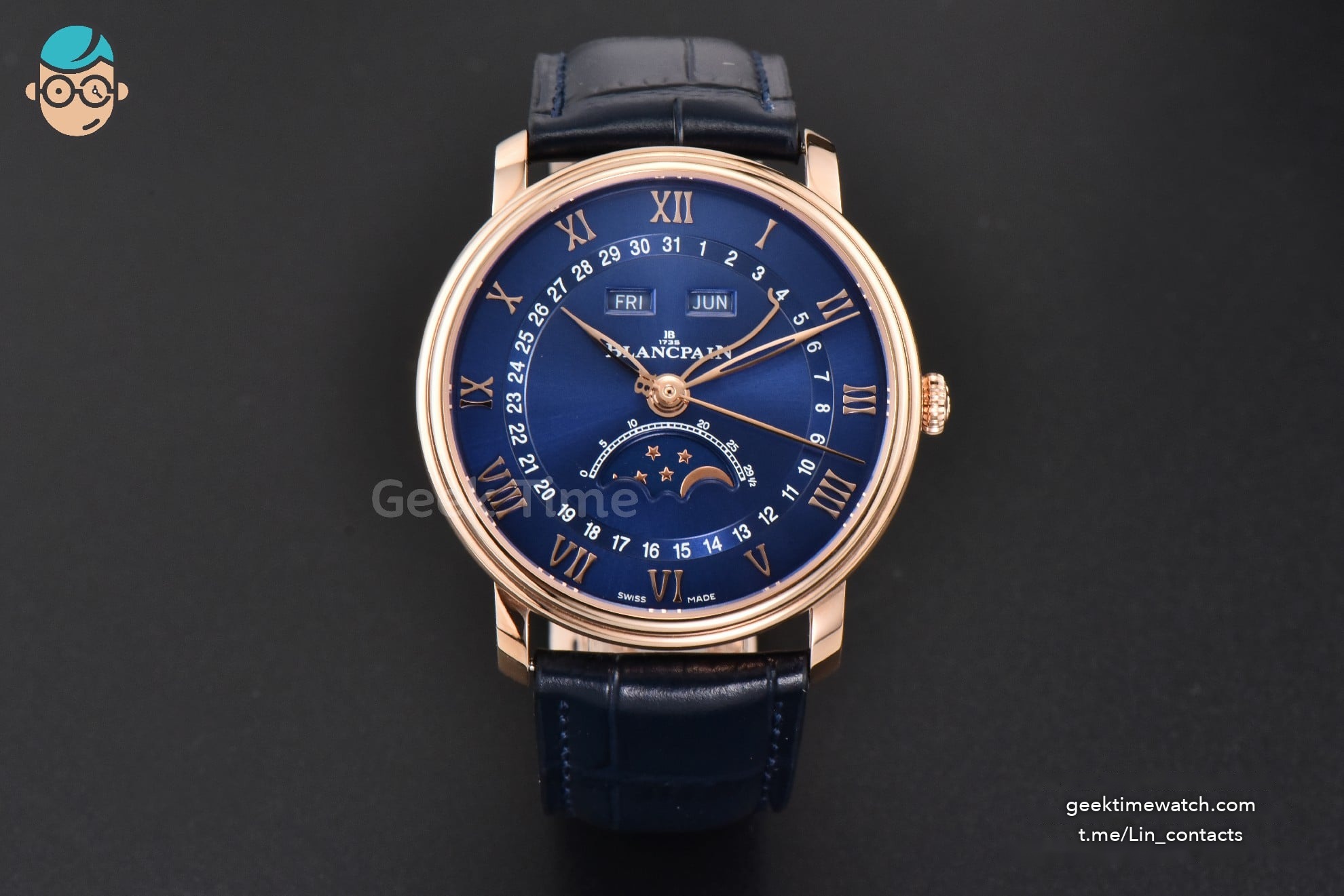 Villeret 6654 40mm Complicated Function OMF RG Blue Dial Black Leather Strap A6654 V3